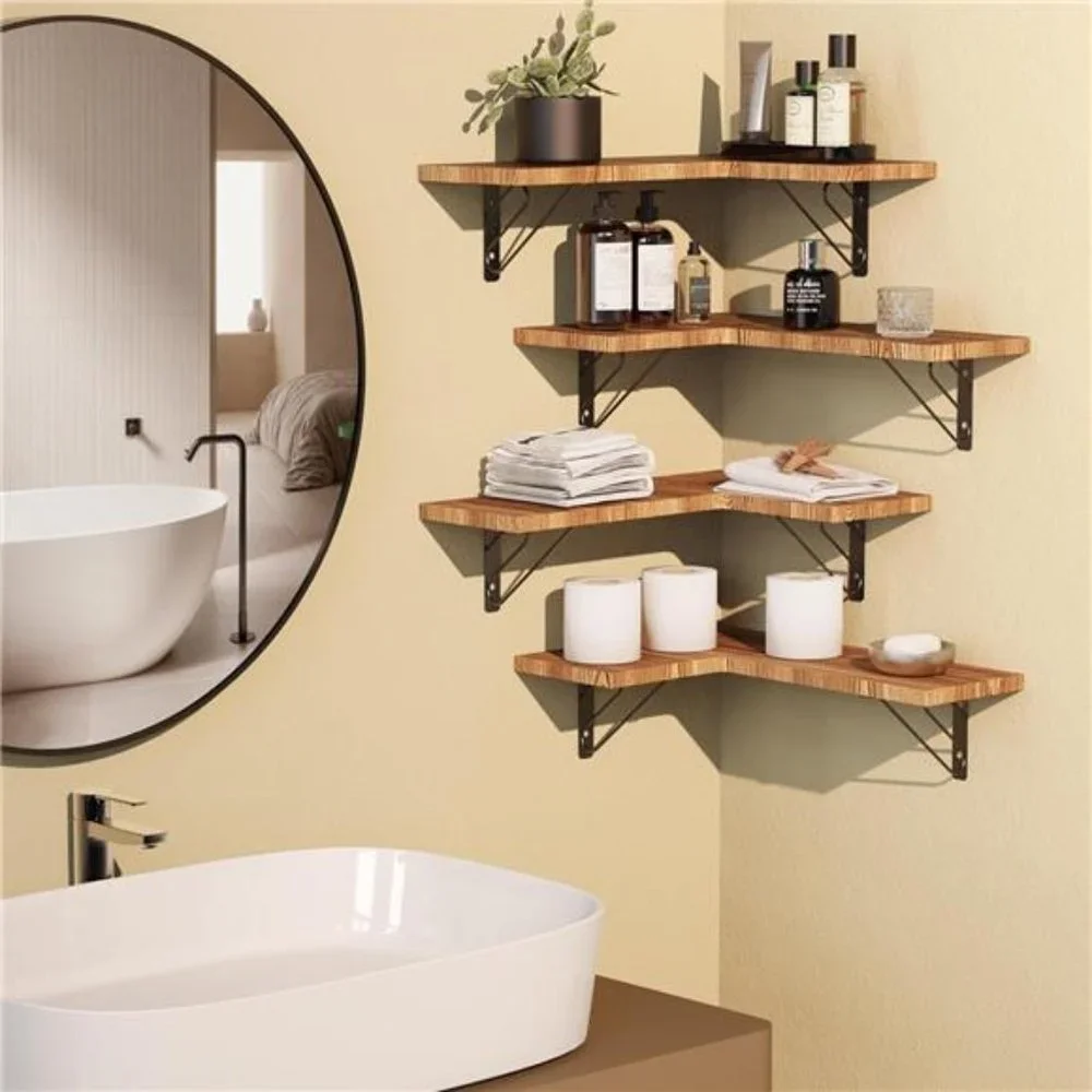 Wood Corner Floating Shelves Set of 4, Wall Mounted Shelves Rustic Brown
